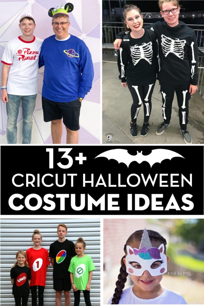 DIY Cricut Halloween Costume collage. Includes people dressed up in Toy Story Costumes, Skeleton Costumes, Game Board costumes and Unicorn Costumes.