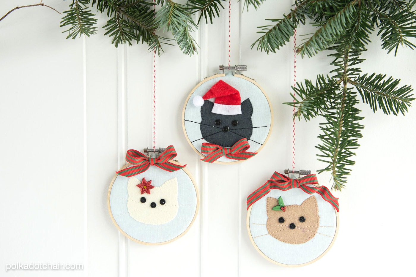 DIY Cat Embroidery Hoop Christmas Ornaments with instructions and free sewing pattern on polkadotchair.com 