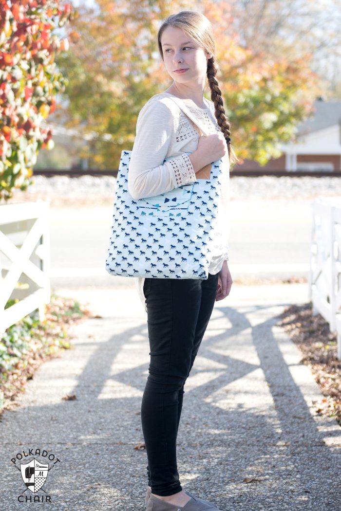 The Derby Tote Bag Sewing Pattern; great simple and versatile tote bag pattern that features 3 different front pocket styles. Great project for a beginning sewist.