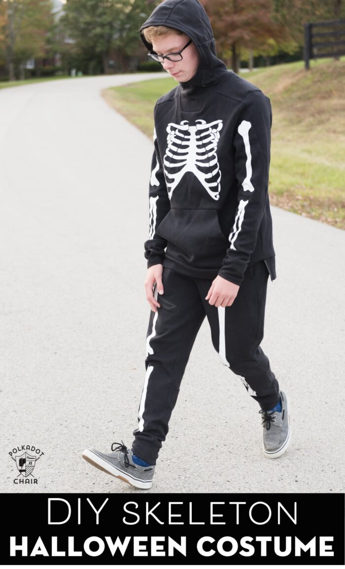 DIY Skeleton Costume on teen standing outside