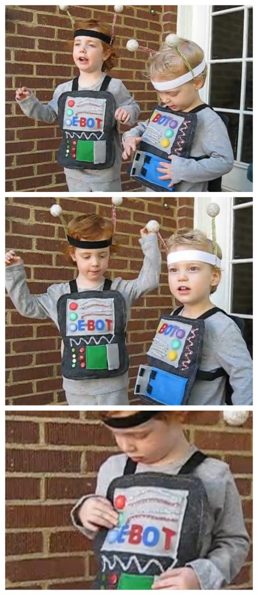 DIY Kids Robot Costumes, complete with light up buttons and sound! 