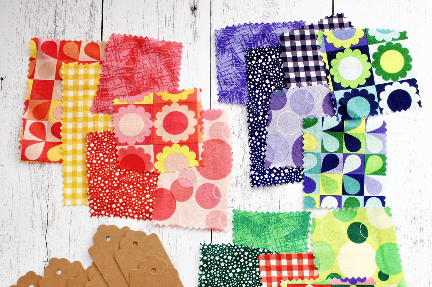 fabric scraps on white wood table