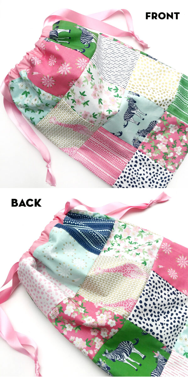 image showing front and back of drawstring bag in a collage on white tabletop