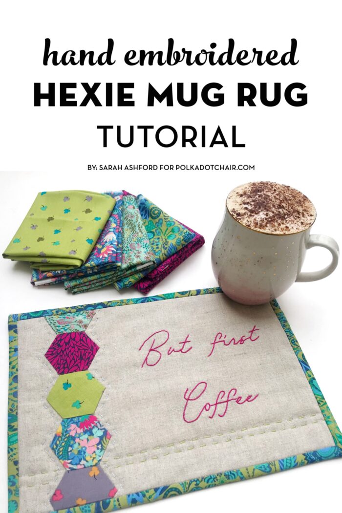 hexagon mug rug on white table with text overlay the image