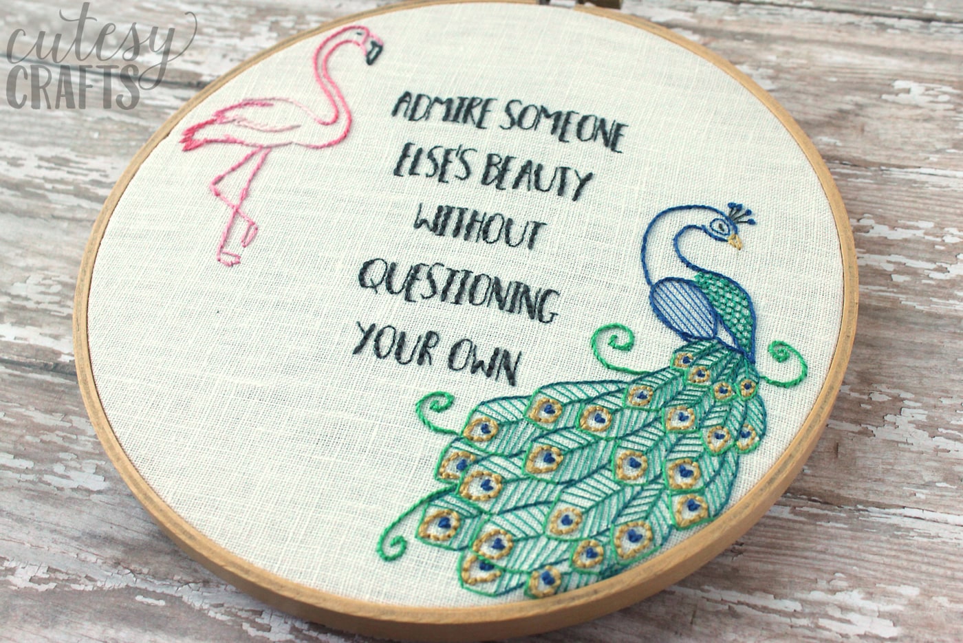 Flamingo and Peacock Free Embroidery Pattern - Quote embroidery "Admire Someone else's beauty without questioning your own" #embroiderypattern #freeembroiderypattern #flamingo #peacock #embroiderypatternquote