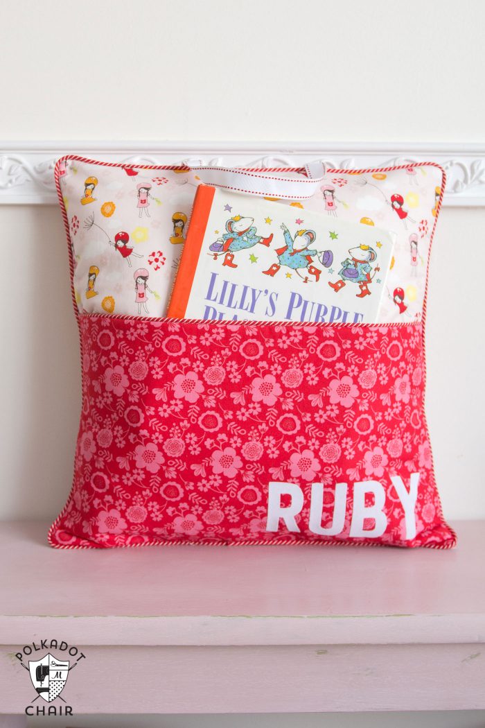 How to sew a personalized reading pillow with a pocket and handle - free sewing pattern and tutorial on polkadotchair.com