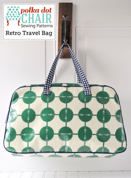 Retro Travel Bag Sewing Pattern green and ivory hanging on white wall