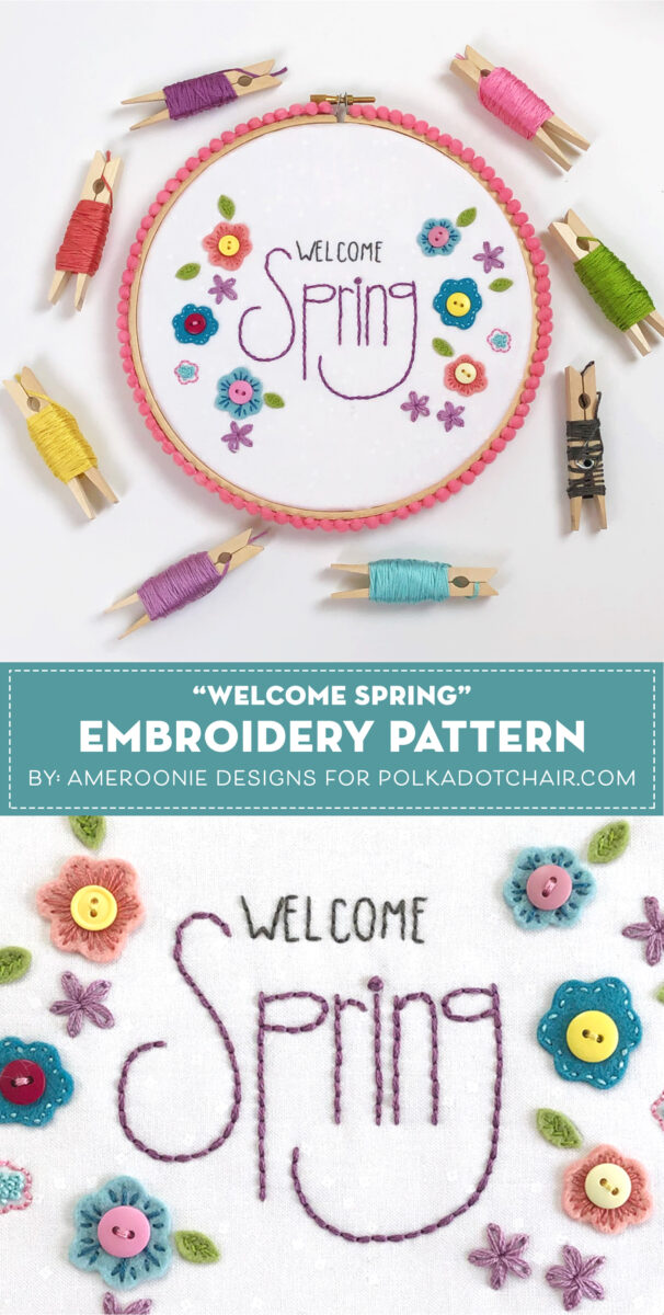 welcome spring hand embroidery pattern on white background